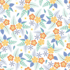 Fototapeta na wymiar Decorative trendy vector seamless floral ditsy pattern design. Stylish repeating blooming flowers and foliage background for printing and textile
