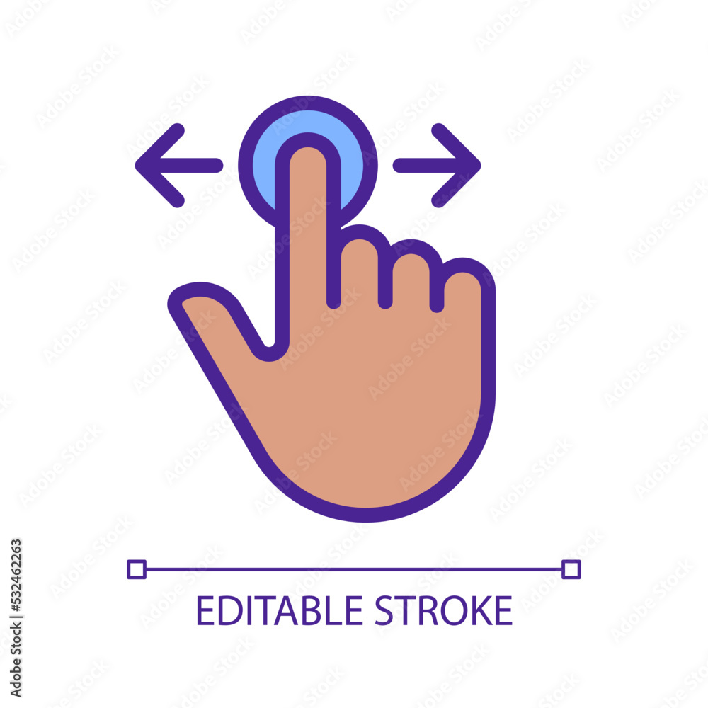 Poster scrolling horizontally gesture pixel perfect rgb color icon. move left and right. touchscreen. devic