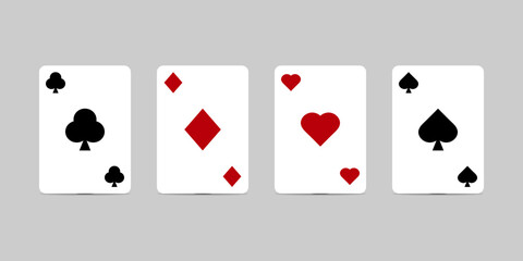 Playing cards icon set, Clubs, Diamonds, Hearts, Spades cards in flat style design with shadow effect isolated on grey background. Vector illustration.
