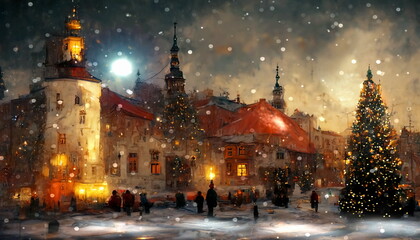 Fototapeta na wymiar Christmas tree on medieval city stree lamp evening blurred light snow flakes fall,old houses pedestrian walk in snowy old town market place Tallinn old town festive background travel to Estonia