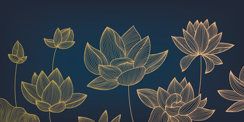Vector art deco luxury flower, lotus line pattern, golden background. Hand drawn peonies for packaging, social media post, cover, banner, creative post and wall arts. - 532463271