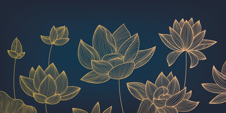 Vector art deco luxury flower, lotus line pattern, golden background. Hand drawn peonies for packaging, social media post, cover, banner, creative post and wall arts.