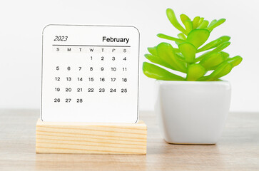 The February 2023 Monthly calendar for 2023 year with plant pot on wooden table.