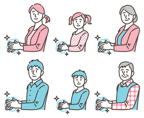 Vector illustration of a family of three generations washing hands and keeping clean to prevent corona.