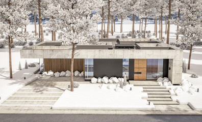 Fototapeta na wymiar 3d rendering of new concrete house in modern style with pool and parking for sale or rent and beautiful landscaping on background. The house has only one floor. Cool winter day with shiny white snow.