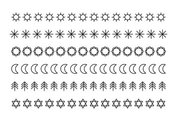 A set of simple line icons repeating pattern border illustrations. Icon of sun, sun, star, flower, moon, tree and nature concept.