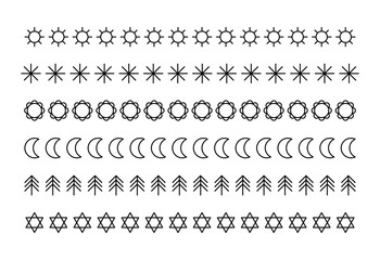 A set of simple line icons repeating pattern border illustrations. Icon of sun, sun, star, flower, moon, tree and nature concept.