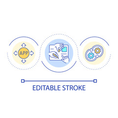 Team work upon app development loop concept icon. Brainstorming in IT company. Researching product abstract idea thin line illustration. Isolated outline drawing. Editable stroke. Arial font used