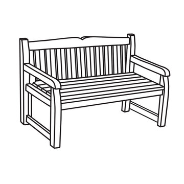 Outdoor furniture, wooden bench outline vector illustration in linear style. Isolated on white background.
