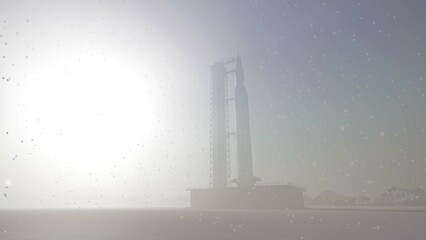 Astronauts on snowy alien winter landscape. Realistic 3D render.