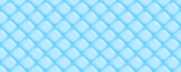 Seamless light pastel blue diamond tufted upholstery background texture. Abstract soft puffy quilted sofa cushions panoramic pattern for a boy's birthday, baby shower or nursery decor. 3D rendering..