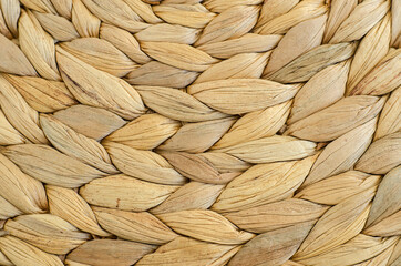 Handmade woven water hyacinth place mat texture close-up. Natural background.