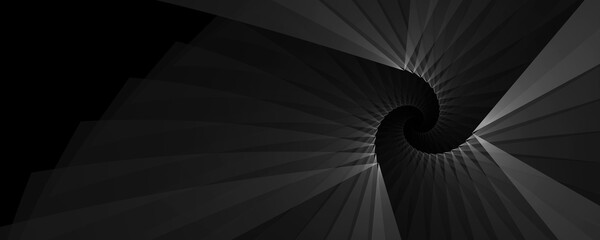 Black abstract geometric nautilus spiral wallpaper background. Elegant panoramic professional minimal subtle dark grey swirl design with copy space. Luxury technology concept 3D fractal rendering.. - obrazy, fototapety, plakaty