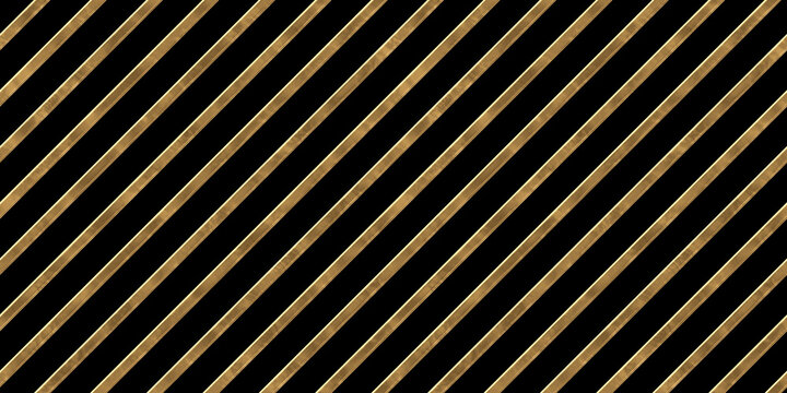 Seamless golden diagonal stripes pattern. Vintage gold leaf plated relief sculpture on dark black background. Modern elegant metallic luxury backdrop. Maximalist gilded age wallpaper 3D rendering.