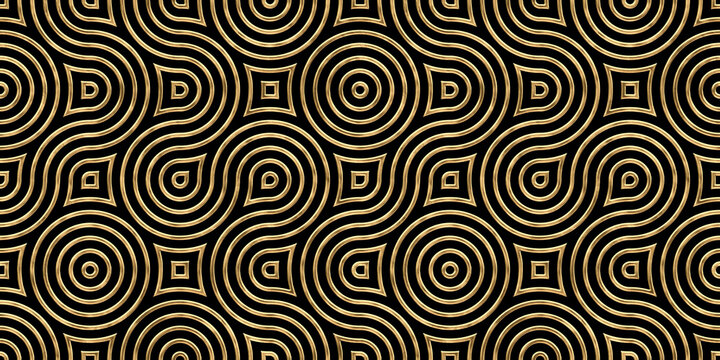 Seamless golden Art Deco wavy stripes and circles pattern. Vintage abstract geometric gold plated relief sculpture on dark black background. Modern elegant metallic luxury backdrop. 3D rendering..