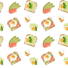 Pattern sandwich with avocado, red fish and egg. View from above