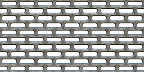 Fotobehang Seamless isolated perforated metal catwalk background texture. Tileable rough grungy silver grey industrial steel pill shaped floor grate, grille or mesh repeat pattern. 3D rendering.. © Unleashed Design