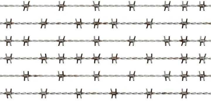 Seamless isolated rusted barbed wire fence background texture. Tileable rough grungy silver grey steel barbwire prison enclosure repeat pattern. High resolution 3D rendering..