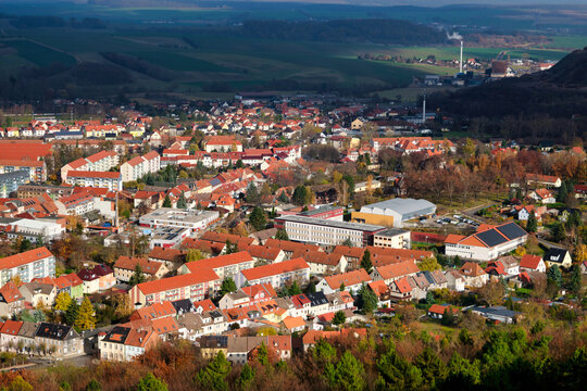 Houses and river in the city of Bleicherode, Germany. View from the top of german little city in autumn day.