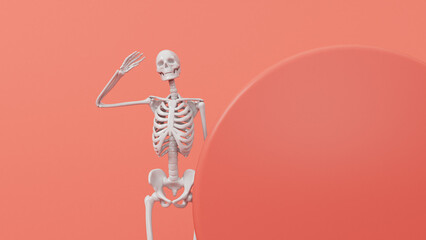 Fun halloween waving skeleton character. 3D Rendering