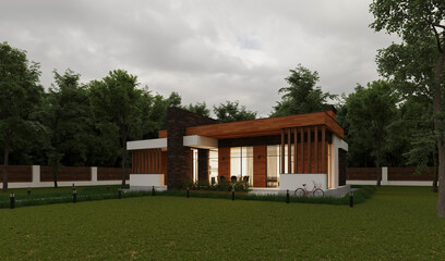 Fototapeta na wymiar 3D visualization of a modern villa with a large plot. Individual residential building. Modern architecture