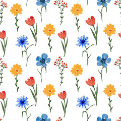 Fototapeta premium Seamless floral pattern with multi-colored flowers on a white background.