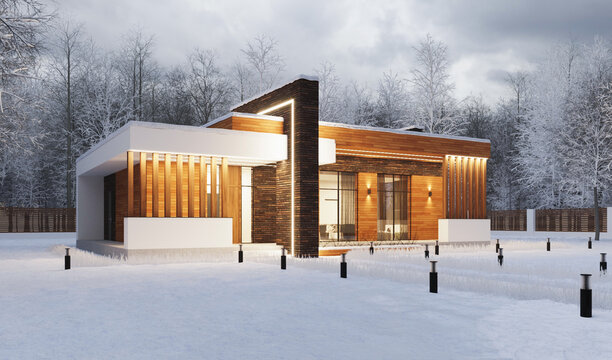 3D visualization of a modern villa with a large plot. House in winter surrounded by snow