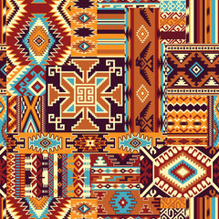 Native American traditional fabric patchwork wallpaper vintage abstract vector seamless pattern  - obrazy, fototapety, plakaty