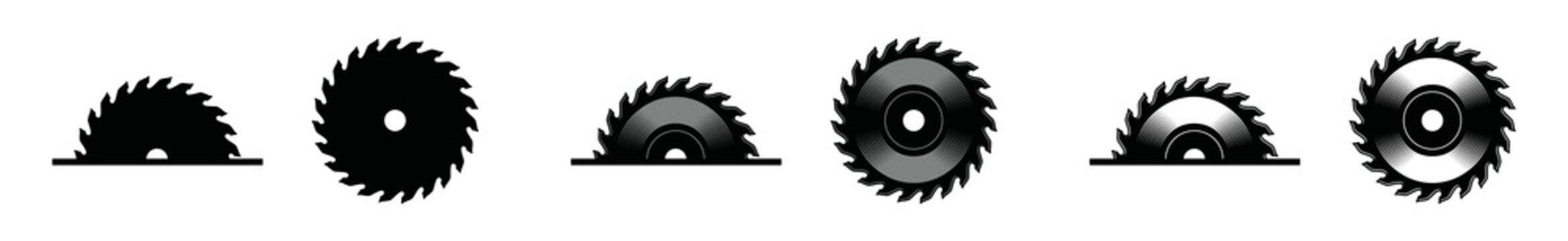 Semi-circle and round saw blade for carpentry symbol icon vector set. Saw blade or sawmill illustration silhouette design