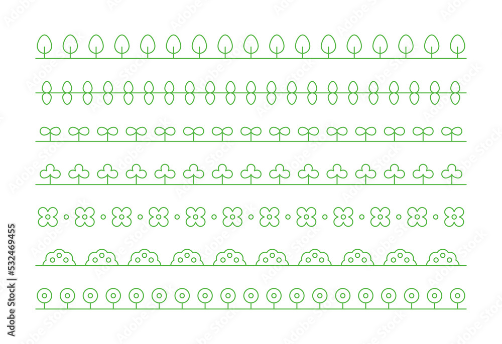 Poster a set of simple line icons repeating pattern border illustrations. icon of flower, tree, sprout and 