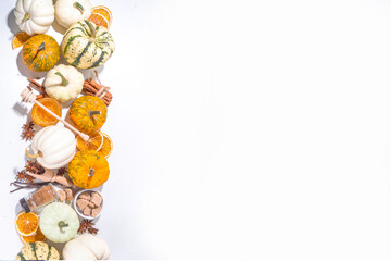 Autumn fall pumpkin spice baking and drink ingredients. Various colorful pumpkins, nuts, seasonal spices on white background. Cooking pumpkin pie, latte, cookies for autumn Thanksgiving holidays