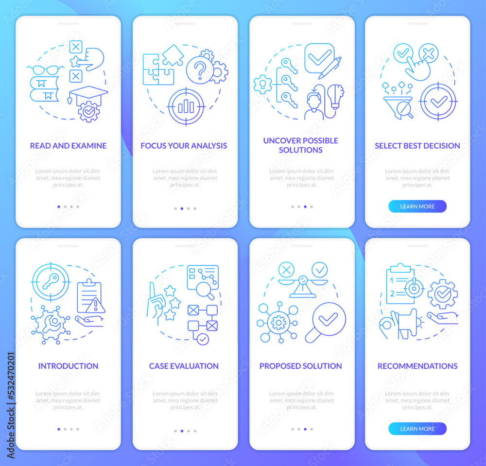 Poster case study structure and draft blue gradient onboarding mobile app screen set. walkthrough 4 steps g