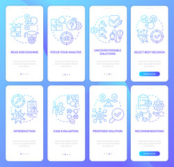 Case study structure and draft blue gradient onboarding mobile app screen set. Walkthrough 4 steps graphic instructions with linear concepts. UI, UX, GUI template. Myriad Pro-Bold, Regular fonts used