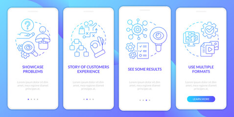Elements of case study blue gradient onboarding mobile app screen. Structure walkthrough 4 steps graphic instructions with linear concepts. UI, UX, GUI template. Myriad Pro-Bold, Regular fonts used