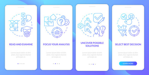 Structure of case study blue gradient onboarding mobile app screen. Research walkthrough 4 steps graphic instructions with linear concepts. UI, UX, GUI template. Myriad Pro-Bold, Regular fonts used