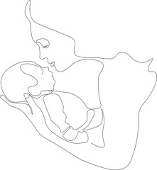 Abstract mother with a child in continuous one line drawing art style. Mother`s Day card. Woman hugging her baby. Happy motherhood concept. Modern illustration