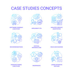 Case studies blue gradient concept icons set. Examination of important events. Researching process idea thin line color illustrations. Isolated symbols. Roboto-Medium, Myriad Pro-Bold fonts used