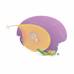 Caterpillar on an autumn day, with hat and scarf creeping out of big pear imaging a house decorated by a window with lighting candlestick. Caterpillar is nearby a basket with some apples.