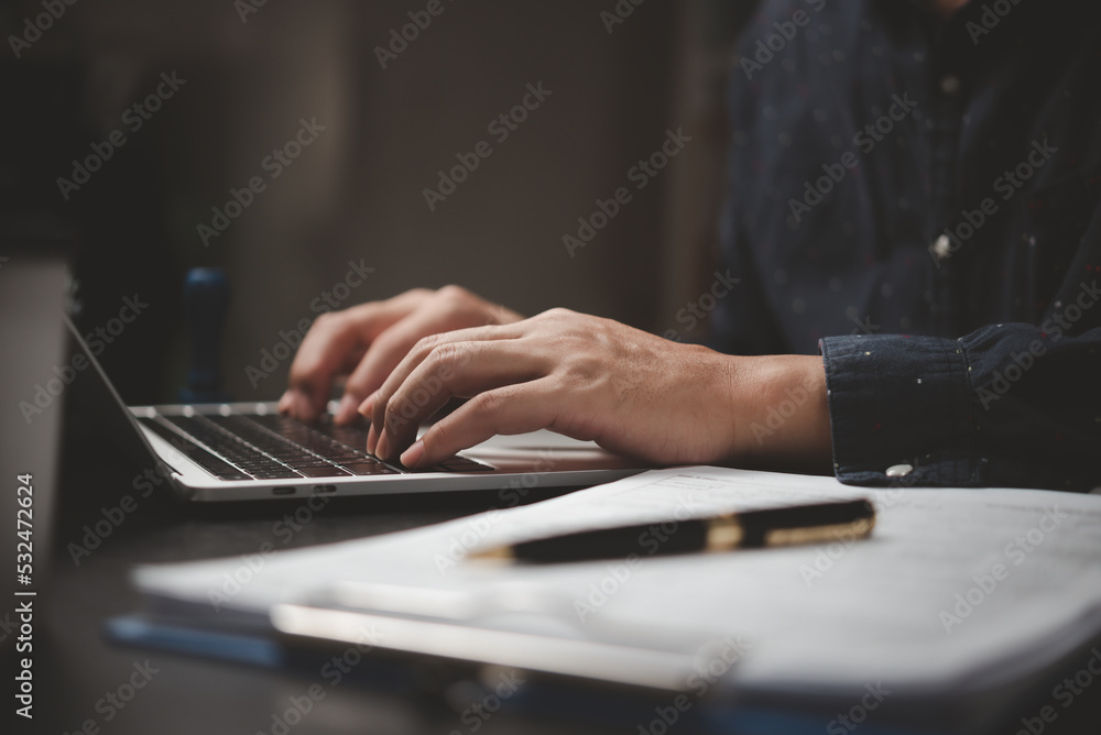 Aufkleber businessman working laptop computer hand typing keyboard computer office technology communication in