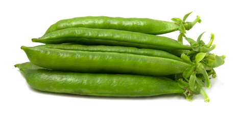 Bunch of young pea pods isolated on white background.