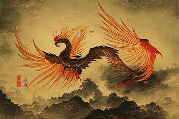 Flying phoenix, ancient oriental painting