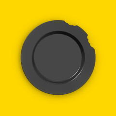 bitten black plate on a yellow background. Teeth marks. Food crisis. Famine. Table items. Square image. 3D image. 3D visualization.