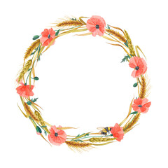 Watercolor botanical illustration. Fresh red poppy blossom. Wreath with Wild flowers, rye and green leaves. Perfect for wedding invitations, cards, prints, posters, packing.