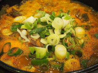 Closeup view of bubbling hot pork soup topped with spring onions