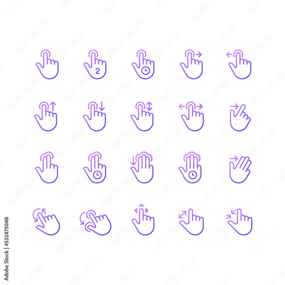 Poster touch gestures gradient linear vector icons set. touchscreen control. smartphone navigation. multi t