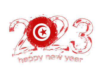 Obraz premium 2023 Year in grunge style with flag of Tunisia.