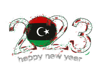 2023 Year in grunge style with flag of Libya.