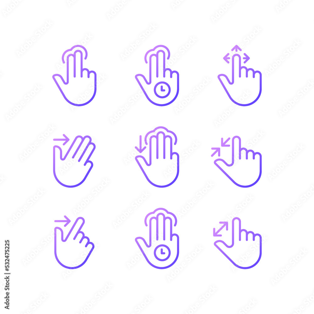 Poster multitouch gestures gradient linear vector icons set. touchscreen control. tablet and phone navigati