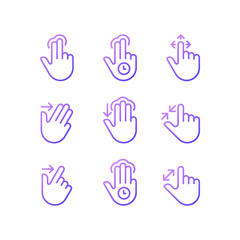 Fototapeta premium Multitouch gestures gradient linear vector icons set. Touchscreen control. Tablet and phone navigation. Thin line contour symbol designs bundle. Isolated outline illustrations collection