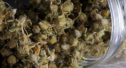 close-up of dried okra in glass jar